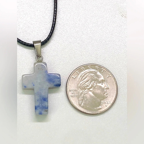 Sodalite Cross Natural Braided Stainless Steel Necklace NWT - Picture 2 of 3